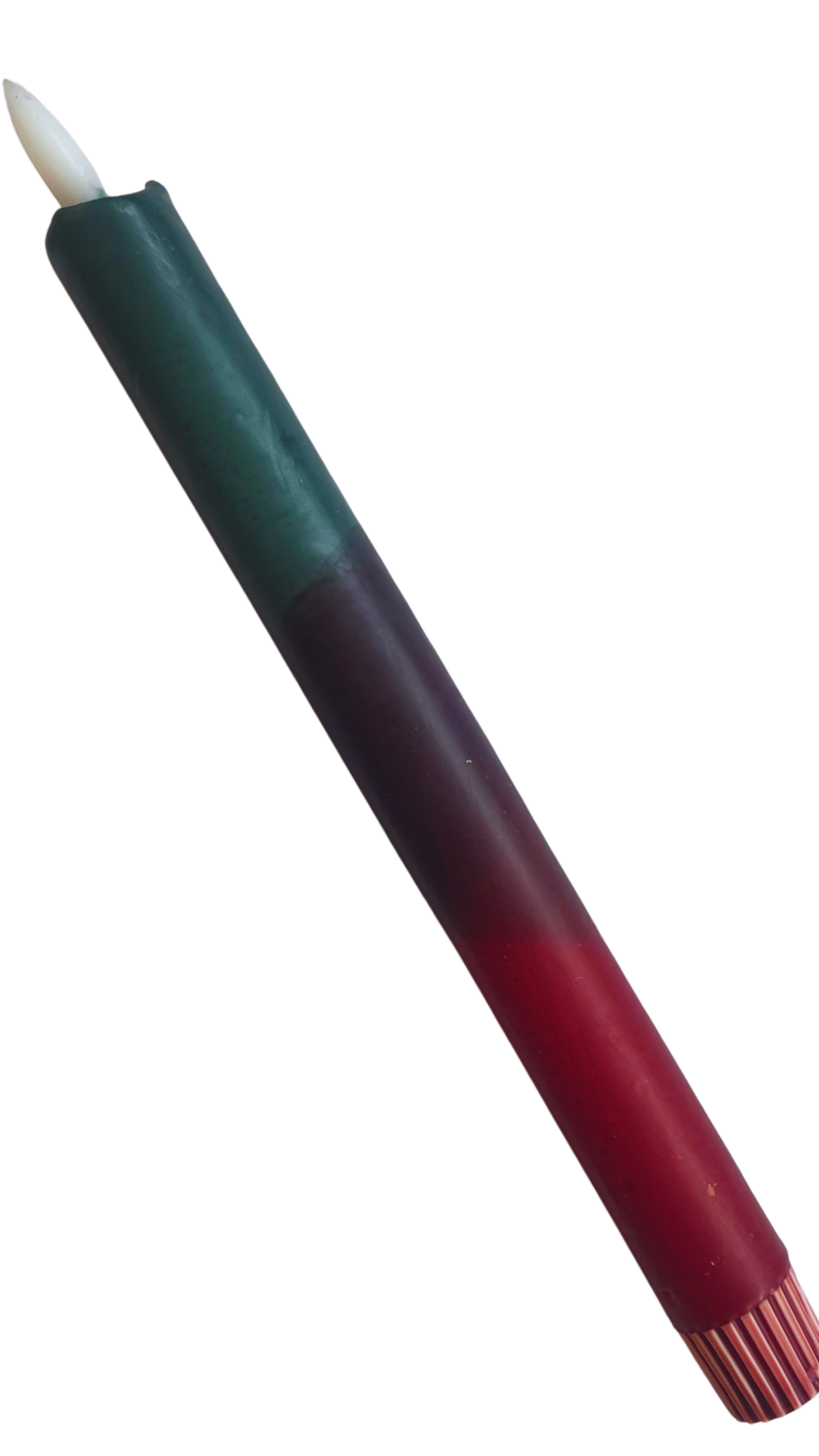 LED-kaars in burgundy en groen met timerfunctie, sfeervolle kaars op batterij voor een veilig en stijlvol interieur.
