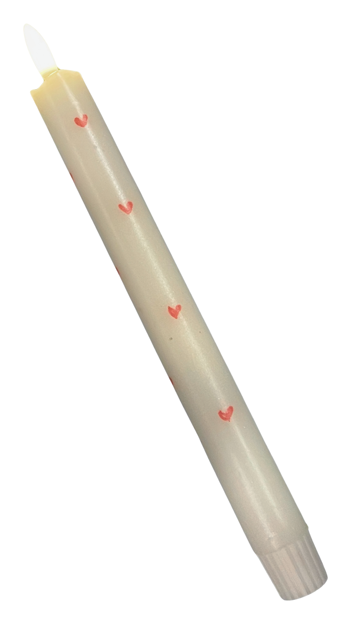 LED-kaars met kleine rode hartjes en parelmoerglans, voorzien van timerfunctie voor sfeervolle en veilige verlichting.
