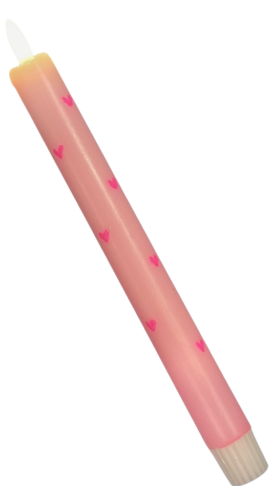 Roze LED-kaars met kleine neon roze hartjes en timerfunctie, sfeervolle kaars op batterij voor een veilig en gezellig interieur.
