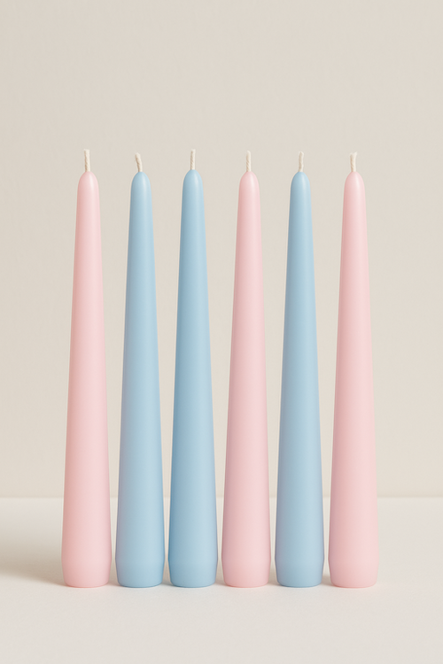 Babyshower/Genderreveal | 6 dinerkaarsen babyroze en babyblauw